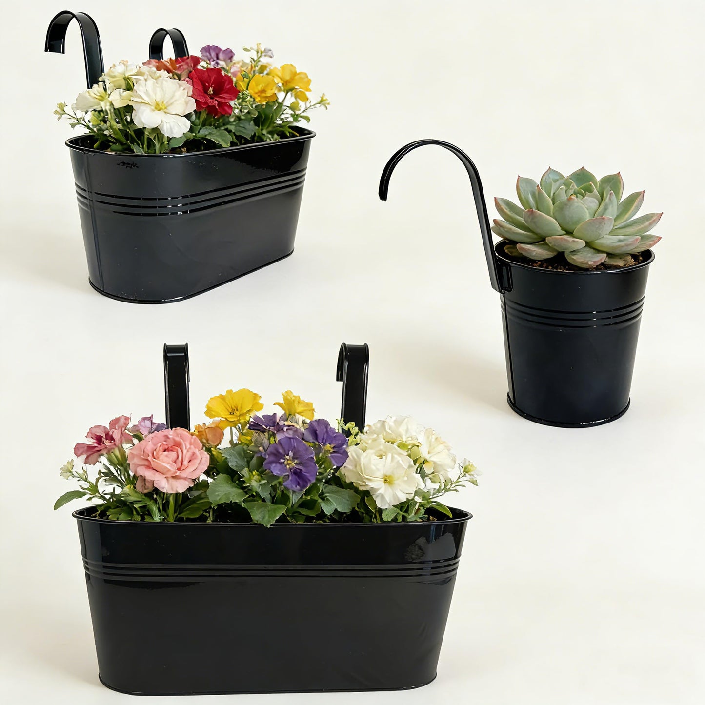 Joyfernal Set of 6 Balcony Hanging Planters, 2 Pcs 17" Metal Railing Flower Pots & 2 Pcs 12" Deck Planter & 2 Pcs 4" Fence Pot for Outdoor Patio Garden Décor, Black