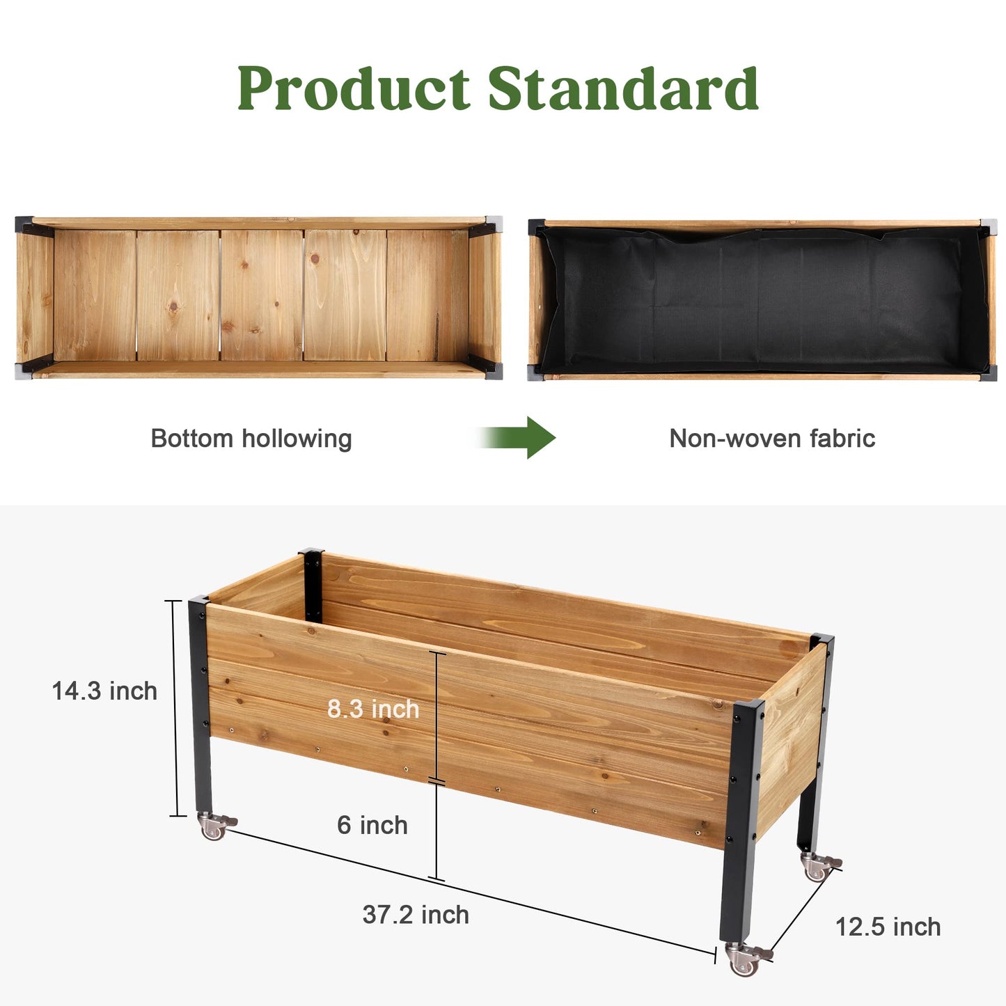 OIPRTGFJ Wood Rectangular Garden Planter Box with Wheel Raised Garden Bed Outdoor,Planters for Outdoor Plants 37 * 13 * 15 Elevated Planter Box for Herbs Vegetables Flowers Outdoor Patio Deck Balcony