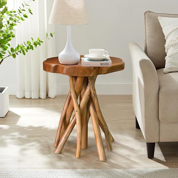 WELLAND Solid Teak Live Edge End Table, Small Accent Table, Plant Stand
