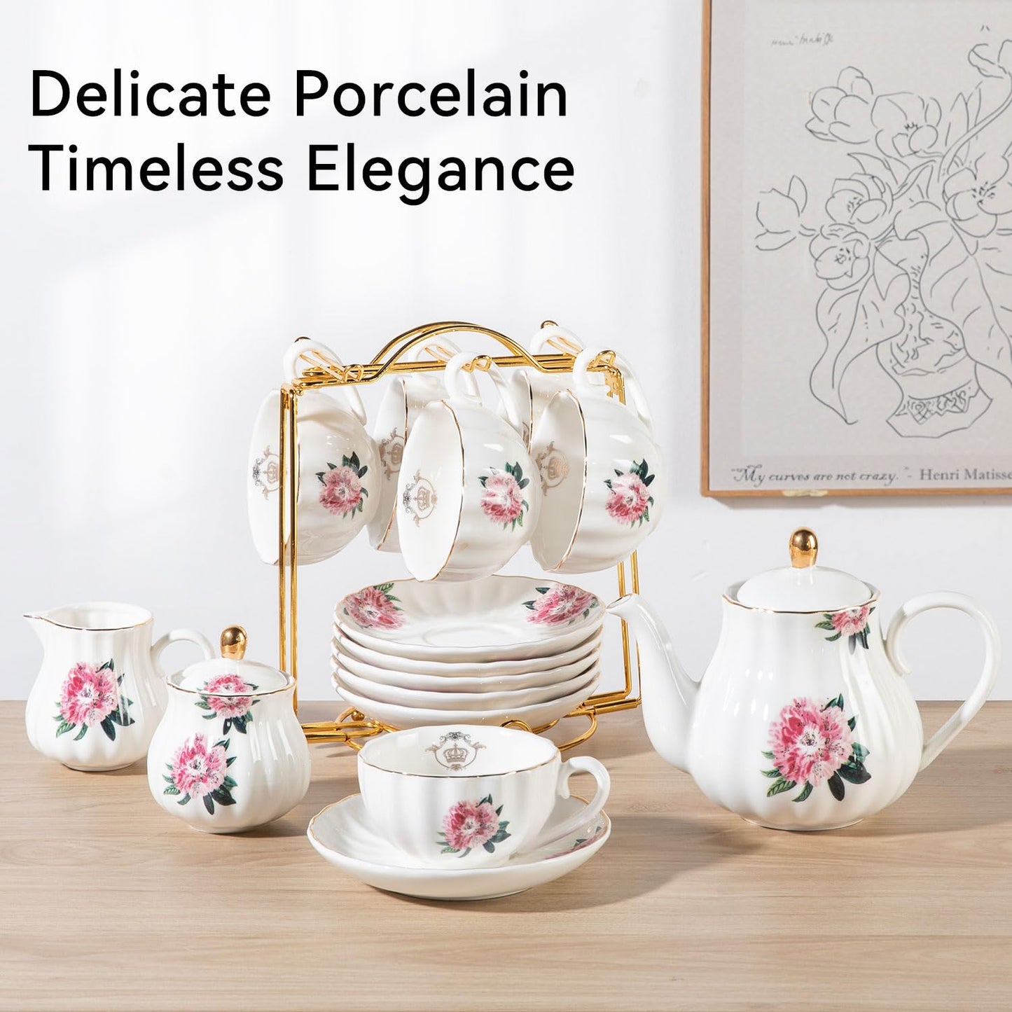 Sweejar Porcelain Tea Sets British Royal Series, 8 OZ Cups & Saucer Service for 6, with Teapot Sugar Bowl Cream Pitcher Teaspoons and Tea Strainer, Suitable for High Tea, Wedding, Party