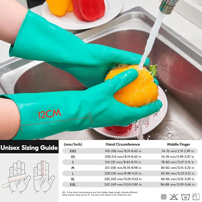 Vgo... 2-Pairs Reusable Household Gloves, Rubber Dishwashing gloves, Extra Thickness, Long Sleeves, Kitchen Cleaning, Working, Painting, Gardening, Pet Care (Size XL, Green, HH4601)