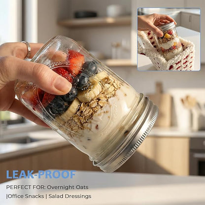 CycleMore 4-Pack 16 oz Overnight Oats Containers with Airtight Lids, Colorful Lids & Spoons, Wide Mouth Mason Jars, Glass Food Storage Containers for Snacks, Yogurt, Cereal, Fruit