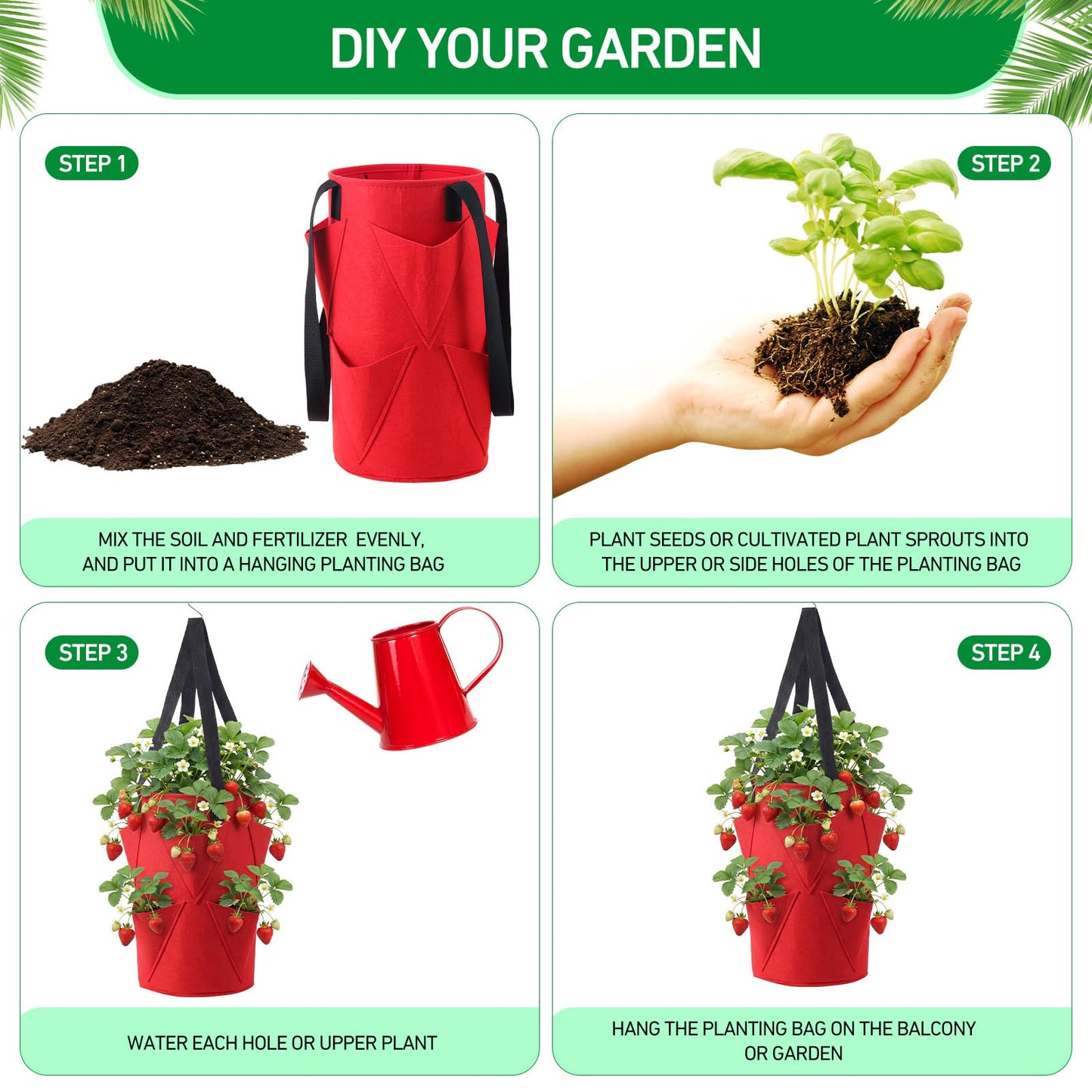 SATINIOR 10 Pack Upside Down Strawberry Planter Set Hanging Vegetables Grow Bags with 10 S Hooks, 3 Gallon Fabric Planting Bags for Easy Vertical Gardening(Red)