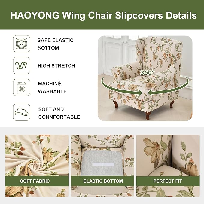 HAOYONG Wing Chair Slipcovers Stretch Wingback Chair Covers Printed 2 Pieces