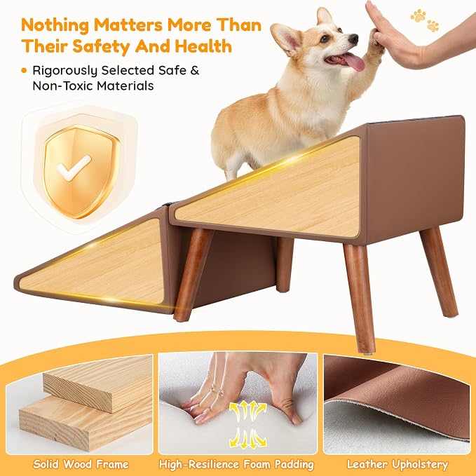 22.8” H Dog Stairs for High Bed, 6-Step Non-Slip Dog Ramp, Foldable 2-in-1 Pet Stairs & Ottoman, Upgraded Pet Steps for Puppies, Senior Dogs & Injured Pets, Solid Wood Frame (Brown)