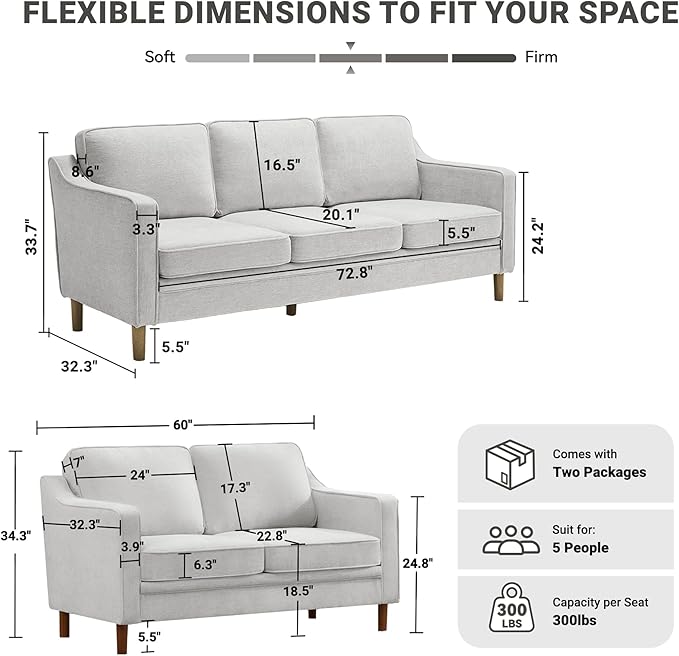 Kingfun Living Room Furniture Sets, 3 Seater Couch and Loveseat, Mid Century