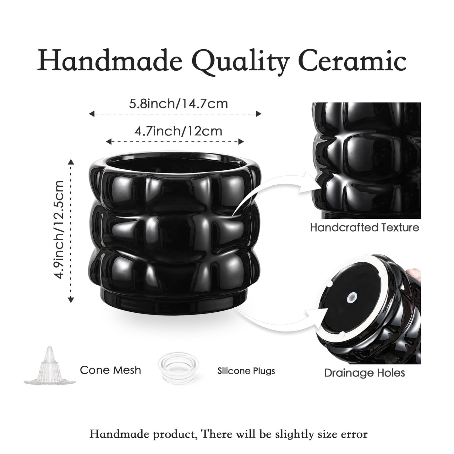 FUYHE 5.8 inch Ceramic Plant Pots with Drainage Hole,Modern Flower Pots for Indoor Plants,Black Ceramic Pots for Succulents, Home & Office Décor (Black)