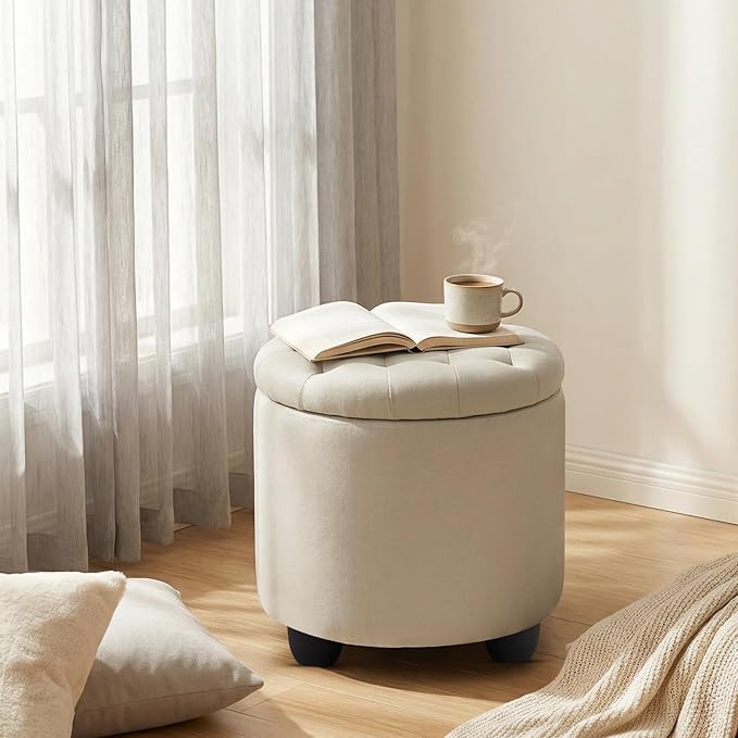Furniliving Modern Round Storage Ottoman, Button Tufted Ottoman Foot Stools