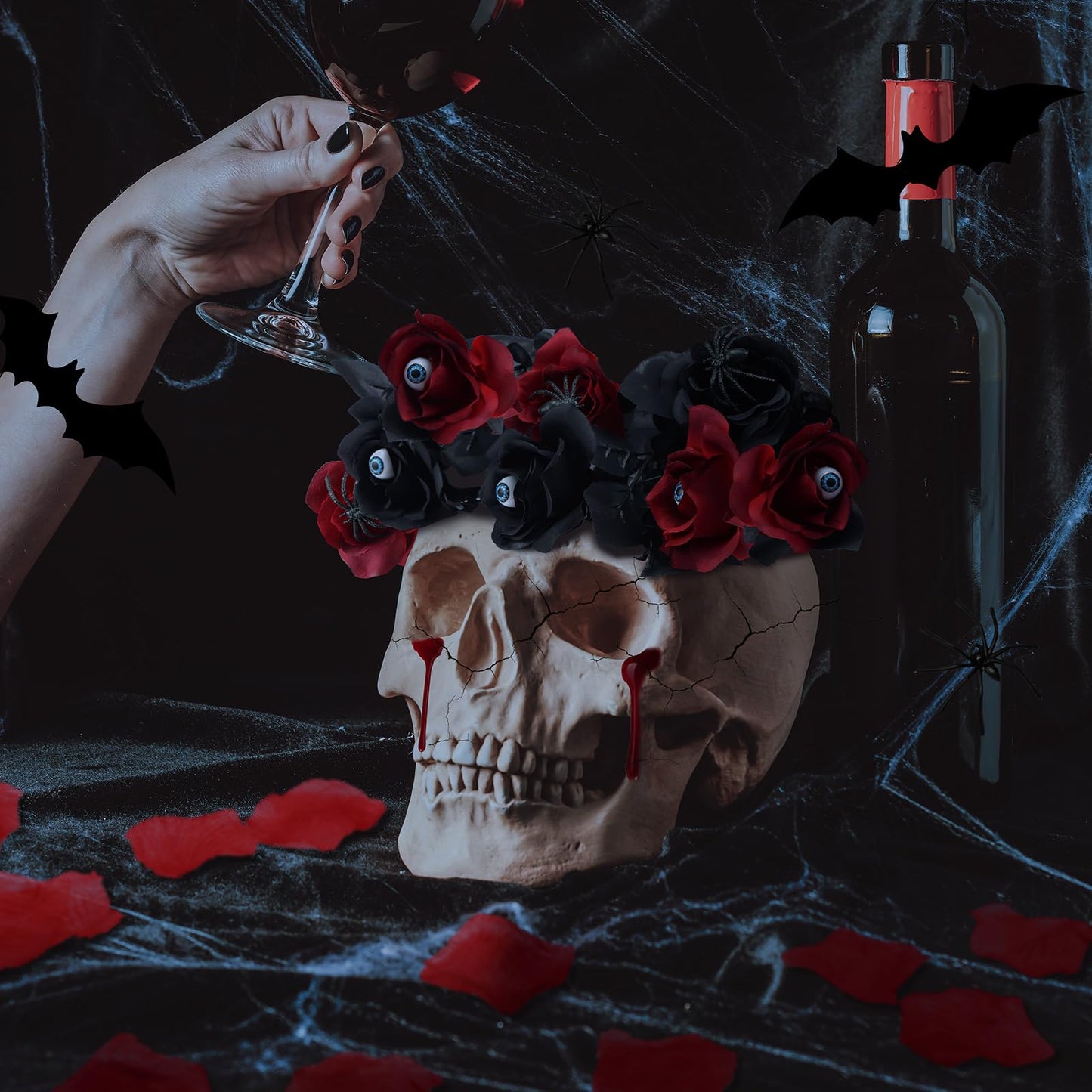 Hotop 40 Pcs Halloween Flowers with Eyeball and Spider, Fake Bouquet Bloody Black Roses Artificial Flowers with Black Eucalyptus Stems for Halloween Vase Arrangements Table Decorations