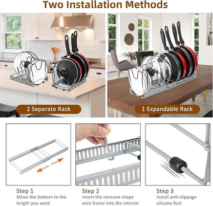 ROOHUA Pot Rack Organizer -Expandable Pot and Pan Organizer for Cabinet,Pot Lid Organizer Holder with 10 Adjustable Compartment for Kitchen Cabinet Cookware Baking Frying Rack Grey