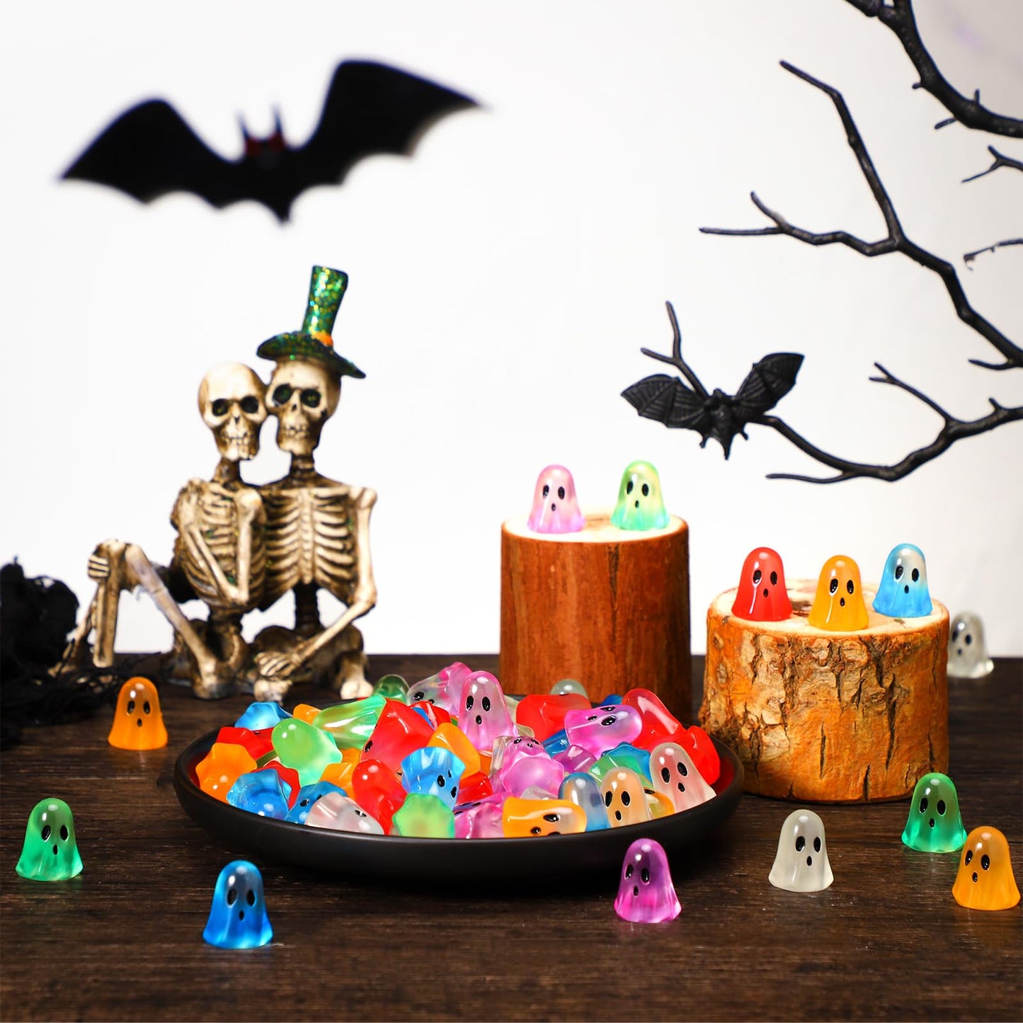 Realspring 90 Pcs Halloween Mini Resin Ghosts Small Ghost Figurines Glow in The Dark Miniatures for Spooky Tiered Tray Decor Home Tabletop Shelf Centerpieces Halloween Party