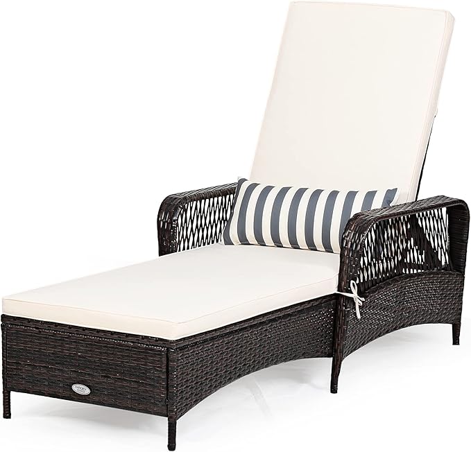 COSTWAY PE Rattan Chaise Lounge Chair, 6 Gear Adjustable Recliner