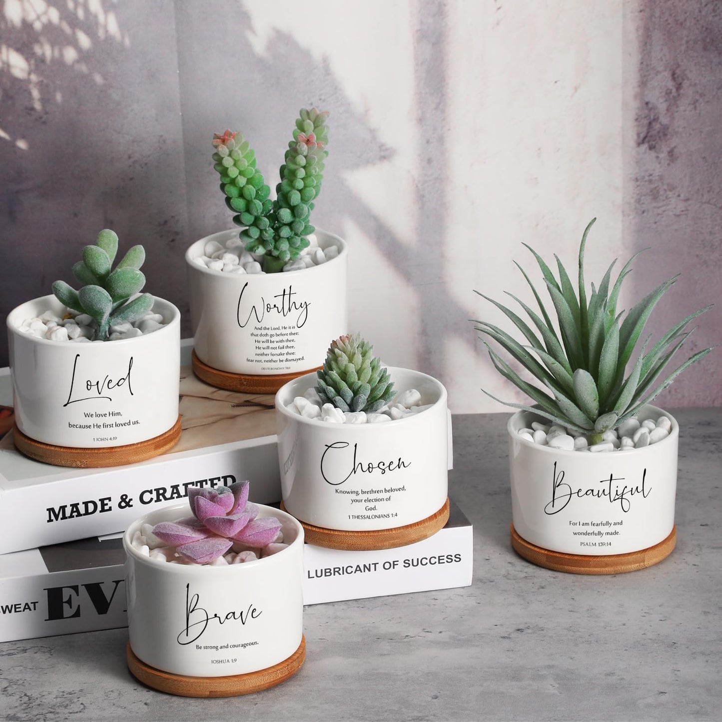 Fumete 24 Set 36 Set Father's Day Christian Religious Gift Bulk Bible Verse Succulent Pots with Tray Drainage, 12 Scripture Quote, 3x2 in Mini Ceramic Flower Planter for Home Church Gift (Affirmation)