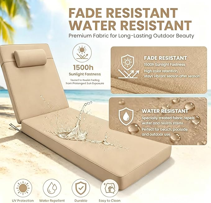 Chaise Lounge Cushion for Outdoor Furniture, Waterproof, Fade-Resistant and