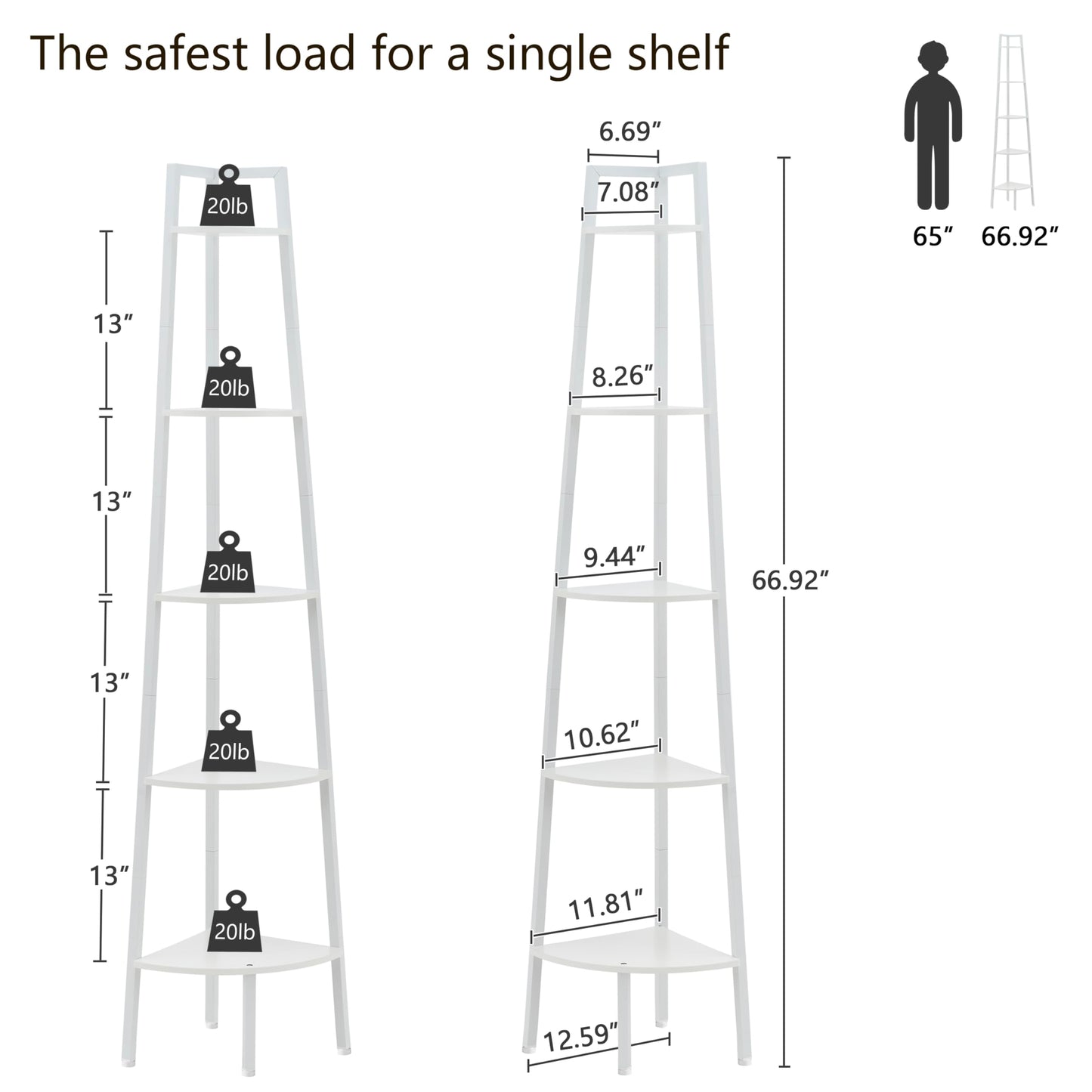 Hoctieon Corner Shelf, 5-Tier Corner Bookshelf, Rustic Ladder Shelf, Industrial Display Stand for Living Room, Kitchen, Home Office, Balcony, Small Space, Metal Frame, White