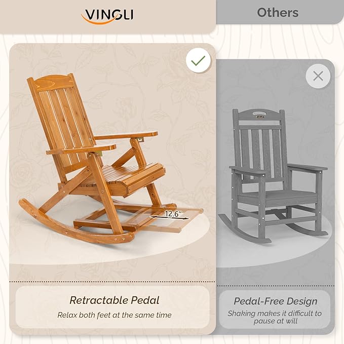 VINGLI Wooden Porch Rocking Chair, Heavy Duty Outdoor Rocking Chair