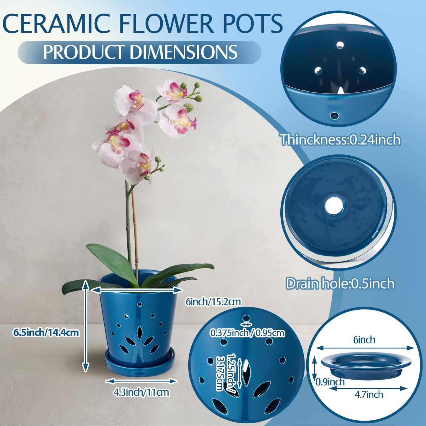 Suclain 2 Pack Orchid Pots with Holes Ceramic Orchid Planters with Drainage Holes and Tray for Root Health Repotting New Plants Air Circulation Indoor/Outdoor Flower Pots(6.5 Inch,Blue)