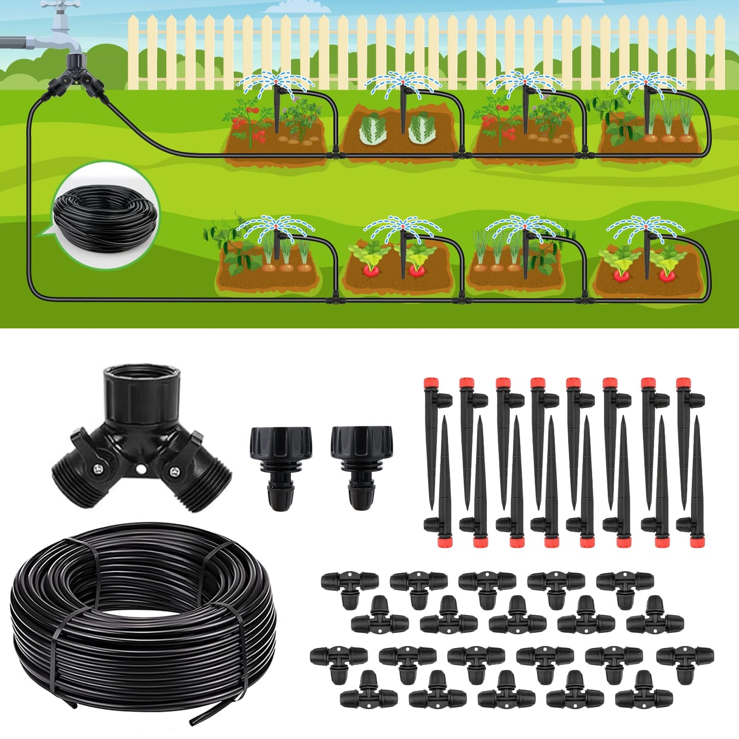 Insoma Locked Connect Drip DIY Irrigation Kit, 60ft Garden Drip Irrigation System, Automatic Micro Watering System with 4/7 inch Tubing Hose with Adjustable Nozzles for Garden Flower Bed Patio Lawn