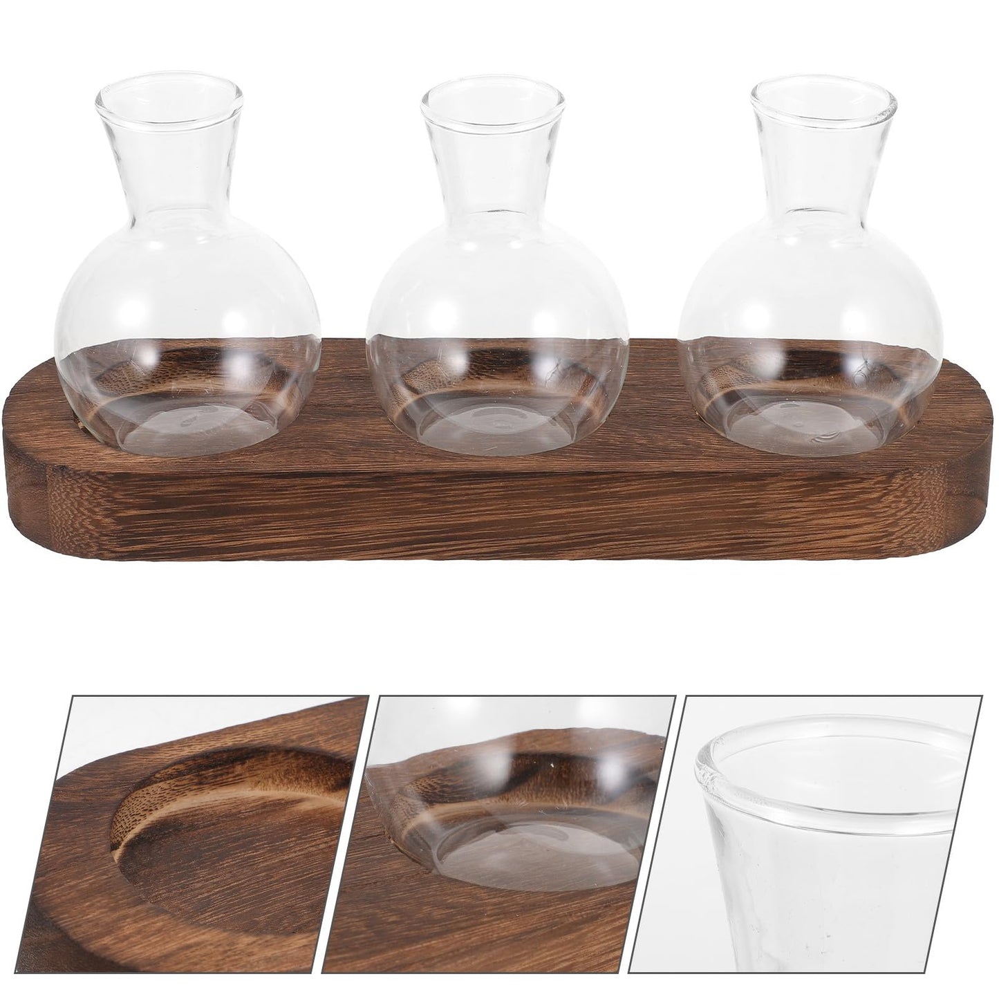 TINEASUR Glass Vase Set with Wooden Base, Hydroponic Green Plant Terrarium, Decorative Flower Vases for Office and Living Room Desktop, 3pcs Household Hyacinth Centerpiece