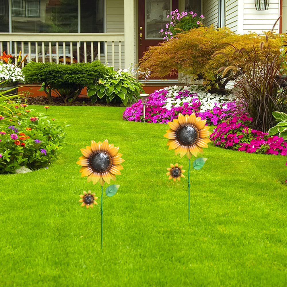 YEAHOME Garden Decor for Outside, 2 Pack 22.4“ Sunflower Garden Stakes Spring Decor, Metal Flowers with Shaking Head Yard Art for Outdoor Yard Lawn Patio Decoration