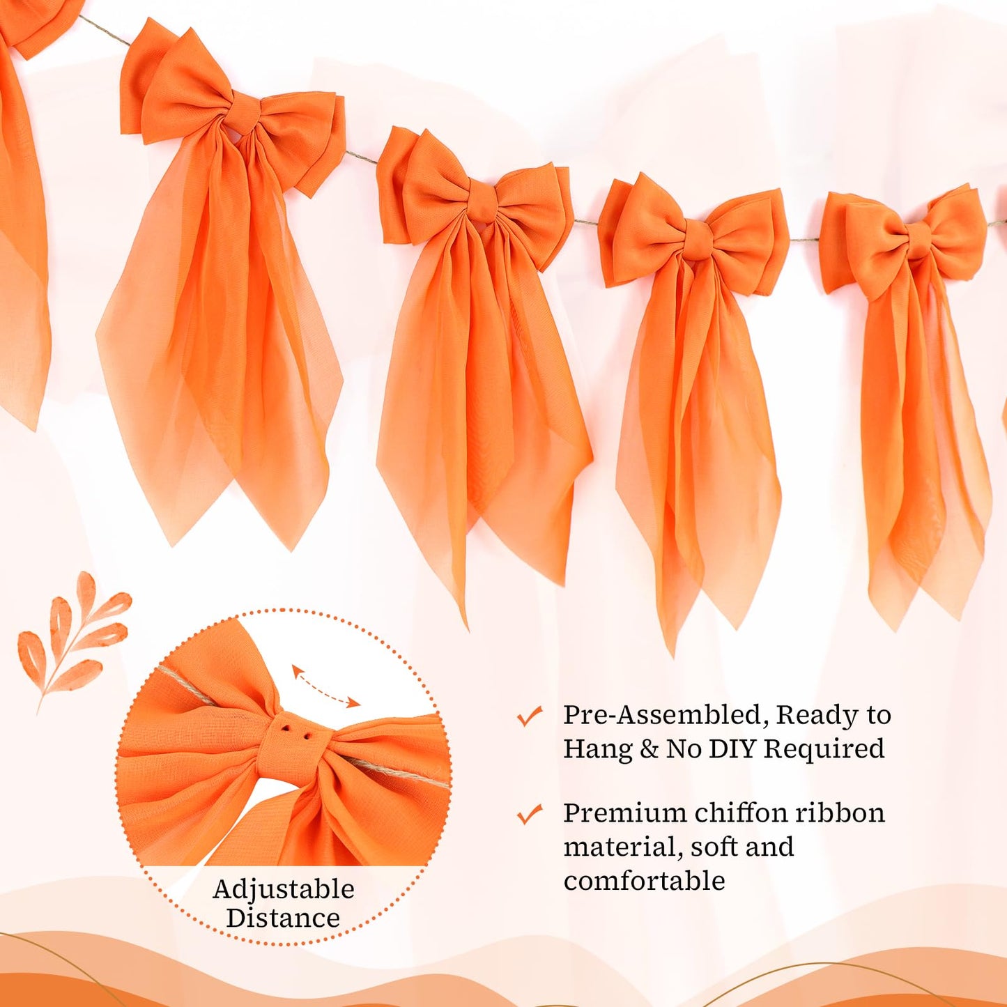 Orange Fall Bow Garland, Autumn Chiffon Bows Garland Thanksgiving Pumpkin Bow Banner Fall Decor for Mantle Fireplace Decor, Home Office Thanksgiving Halloween Harvest Decorations