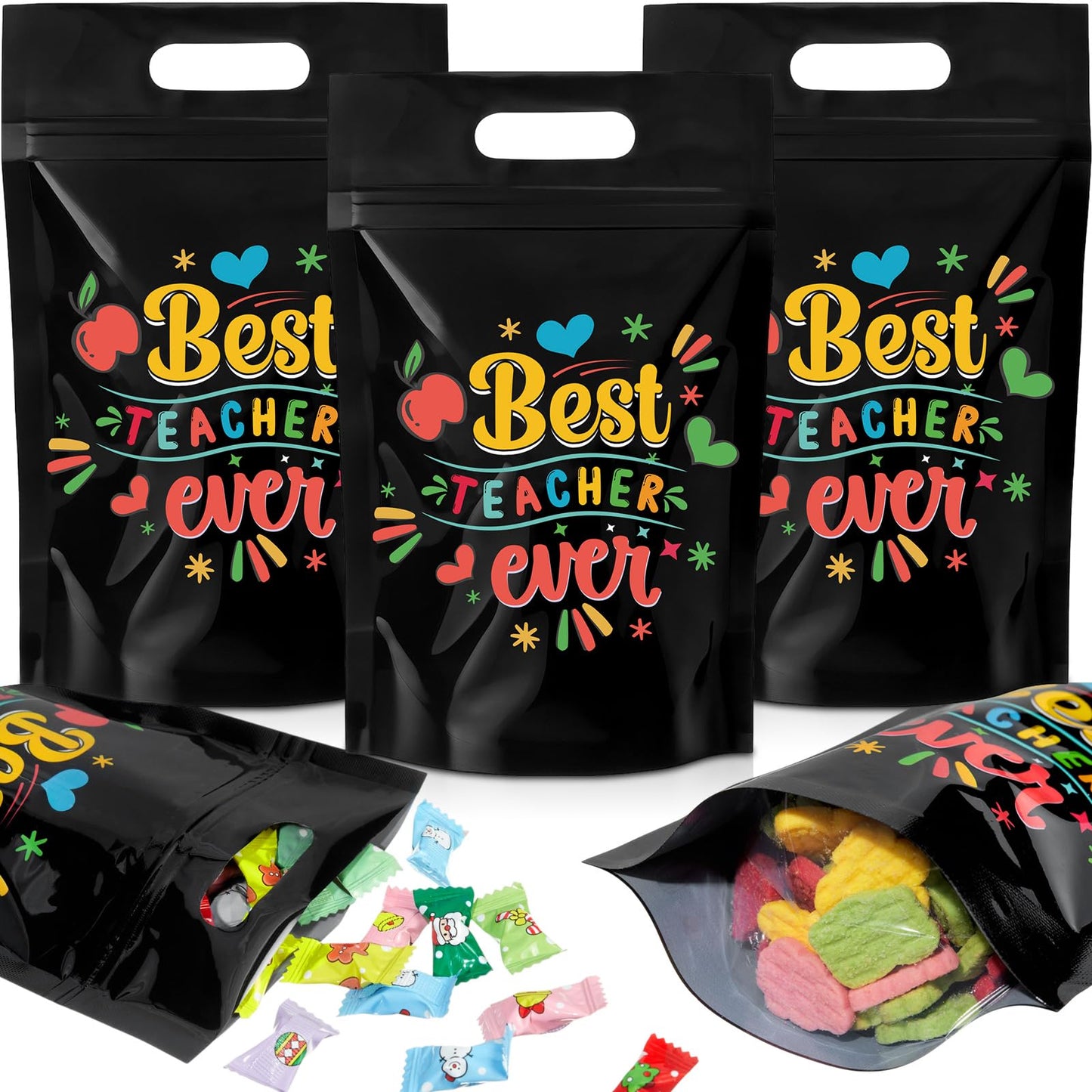 Engrowtic 50 Pcs Back to School Teacher Gift Bags Resealable First Day of School Teacher Treat Bag Bulk Thank You Goodie Pouches with Handles for Classroom Preschool Kindergarten Supplies