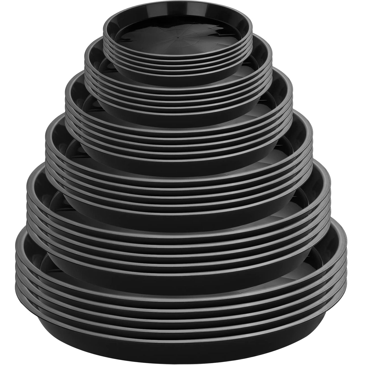 Honeydak 48 Pieces Plant Saucer Potted Plant Trays Round Plastic Drainage Tray Sturdy Drip Flower Saucers for Potted Indoor Outdoor Home Garden, 4/6/ 8/10/ 12/13 inches (Black)