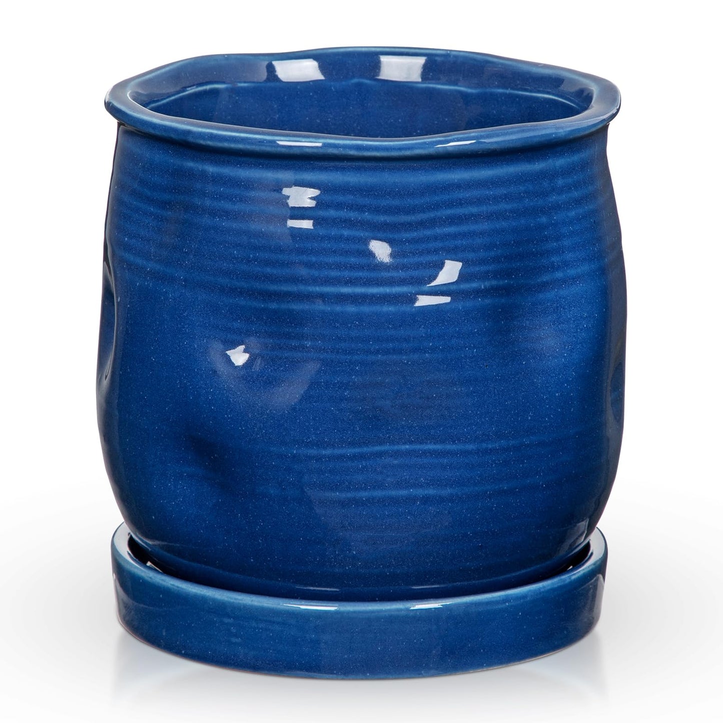 Oairse 5.7 inch Ceramic Pots for Plants, Plant Pot with Drainage Hole and Saucer Blue Ceramic Indoor Planter with Tray Decorative Flower Pots for Succulent, Cactus, Snake Plant, Herb Indoor Outdoor
