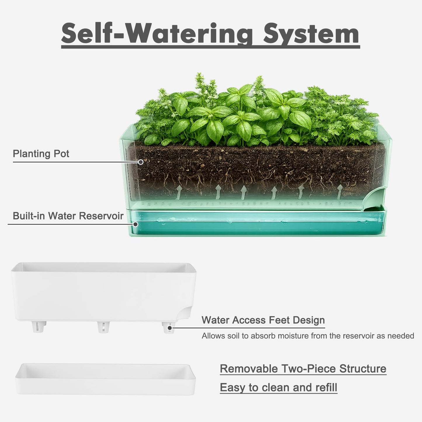 Party Zealot Window Boxes Planters, 3 Pack Self Watering Pots for Indoor Plants 17 Inch Rectangular Planter Rectangle Flower Pots Long Plant Pot Large Window Sill Herb Planter Box, White