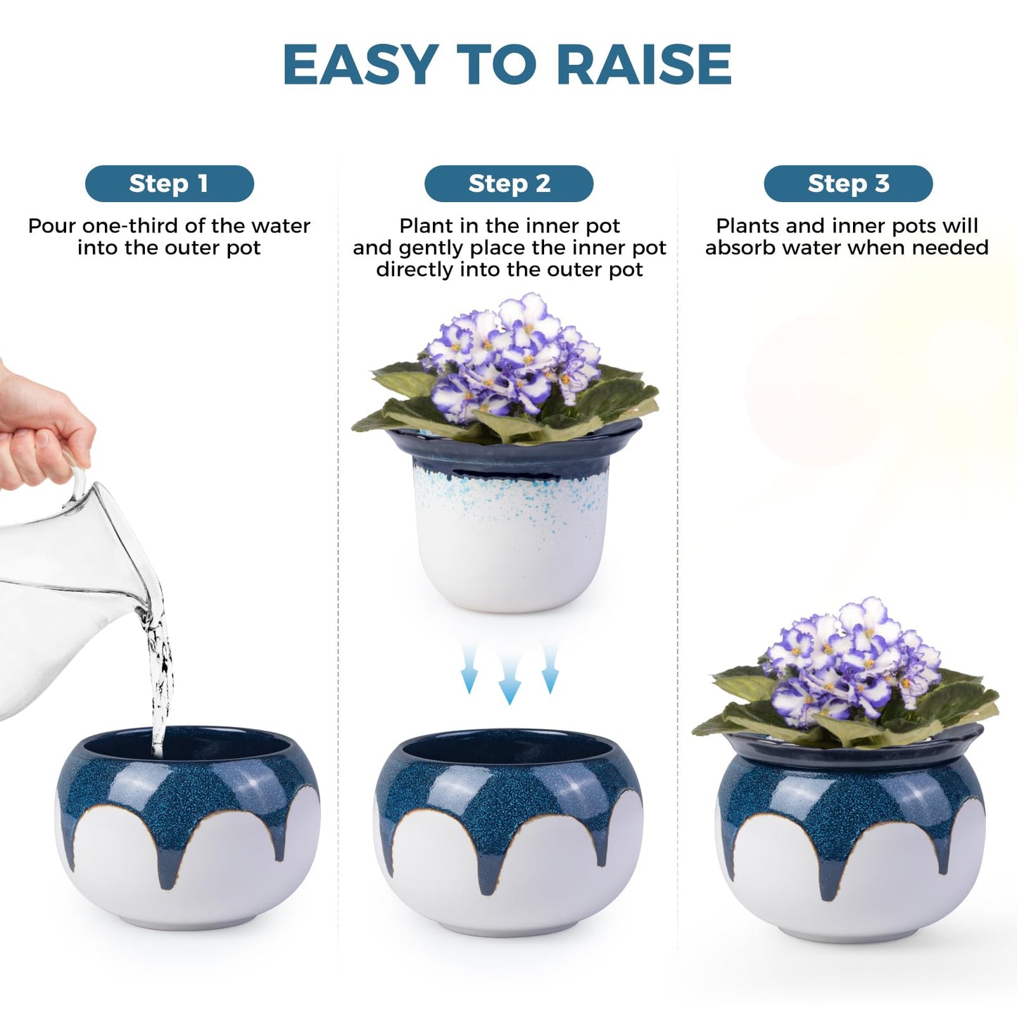African Violet Pots, 6 inch Ceramic Easy Self Watering Plant Pot for Busy Plant Lovers, Automatically Absorb Appropriate Amount of Water, Flower Pot Indoor-Plants Not Included(Blue)