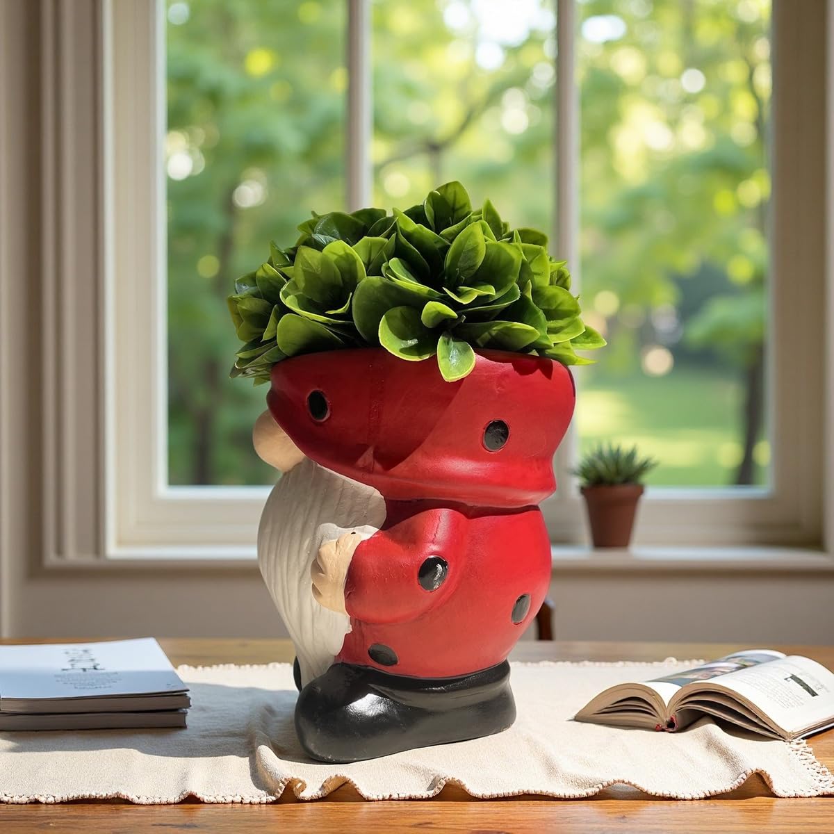 Unique Gnome Planter Pot, Cute Ceramic Gnome Flower Succulent Pot for Indoor Outdoor Plants Home Garden Spring Summer Christmas Decoration (Red)