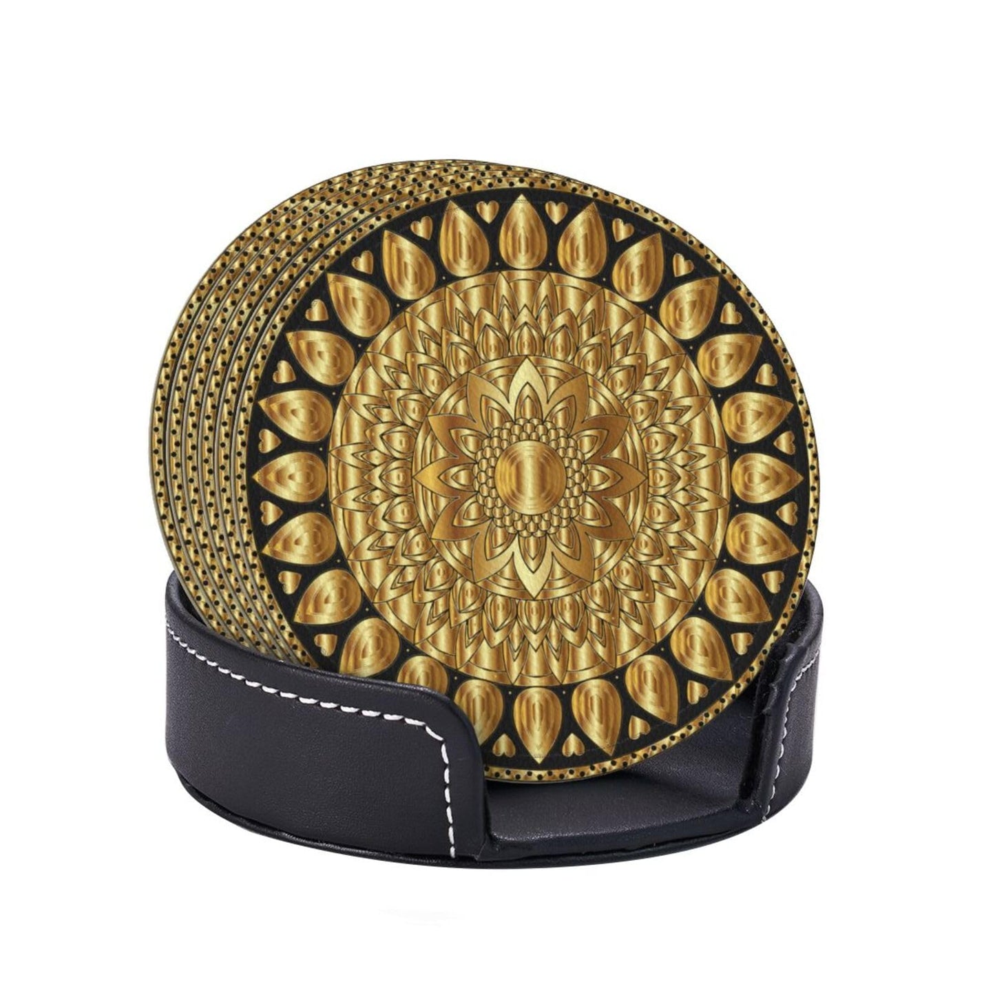 BOXIMIAO Drink Coasters with Holder Stand Set of 6, Pu Leather Absorbent Coasters with Cork Base Table Coaster Round Coasters for Housewarming Apartment Kitchen Bar Decor Mandala Art Floral Gold