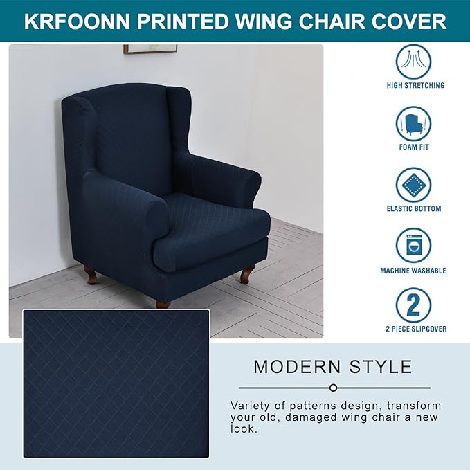 KRFOONN Stretch Wing Chair Slipcovers Printed 2 Piece Wingback Chair Covers