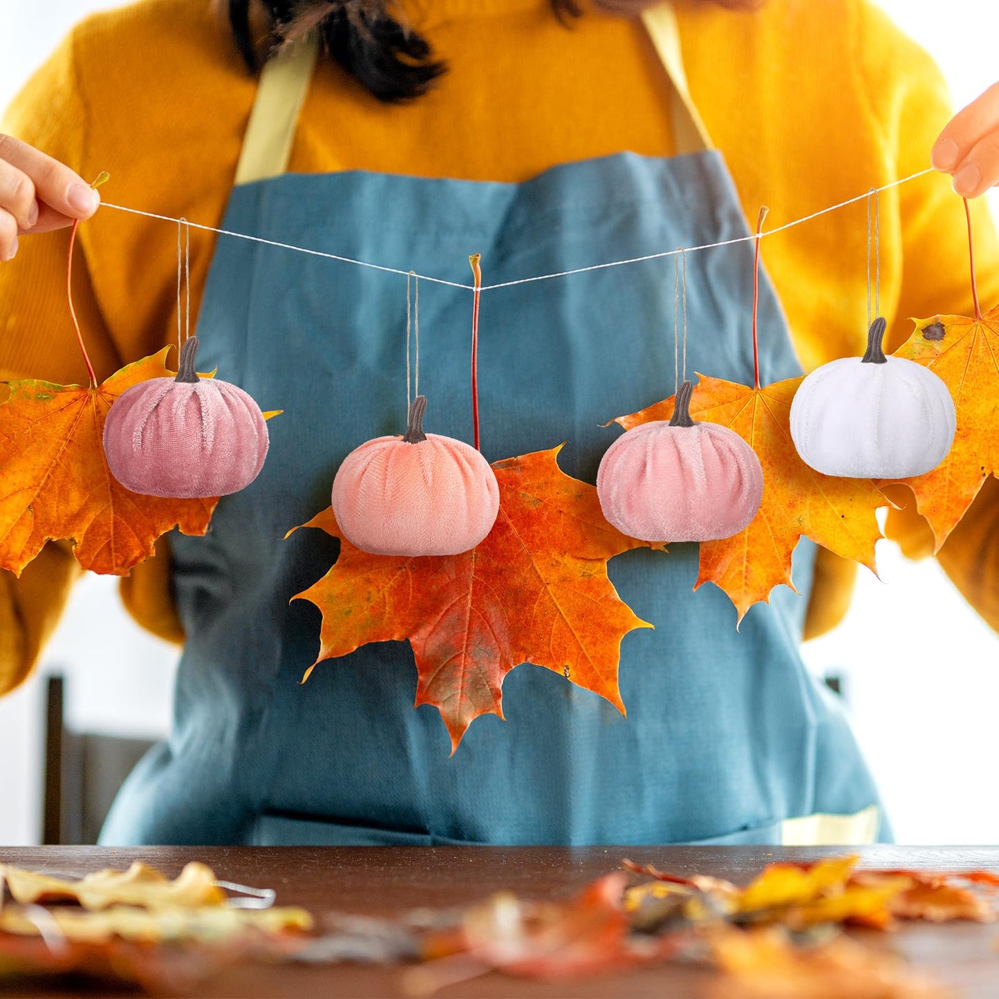 Vercraft 12 Pcs Thanksgiving Pumpkin Hanging Ornament 2 Inches Velvet Thanksgiving Fall Tree Decorations Fabric Small Tree Decorations for Farmhouse Harvest Autumn Home Party Decor(Pink and White)