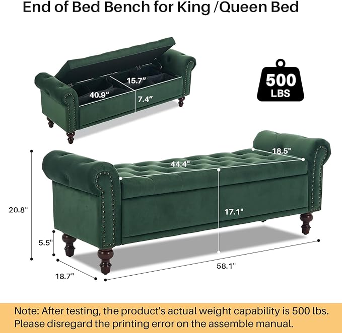 SOFTHION 58.1" Storage Bench Upholstered Velvet End of Bedroom Bed Bench Ottoman