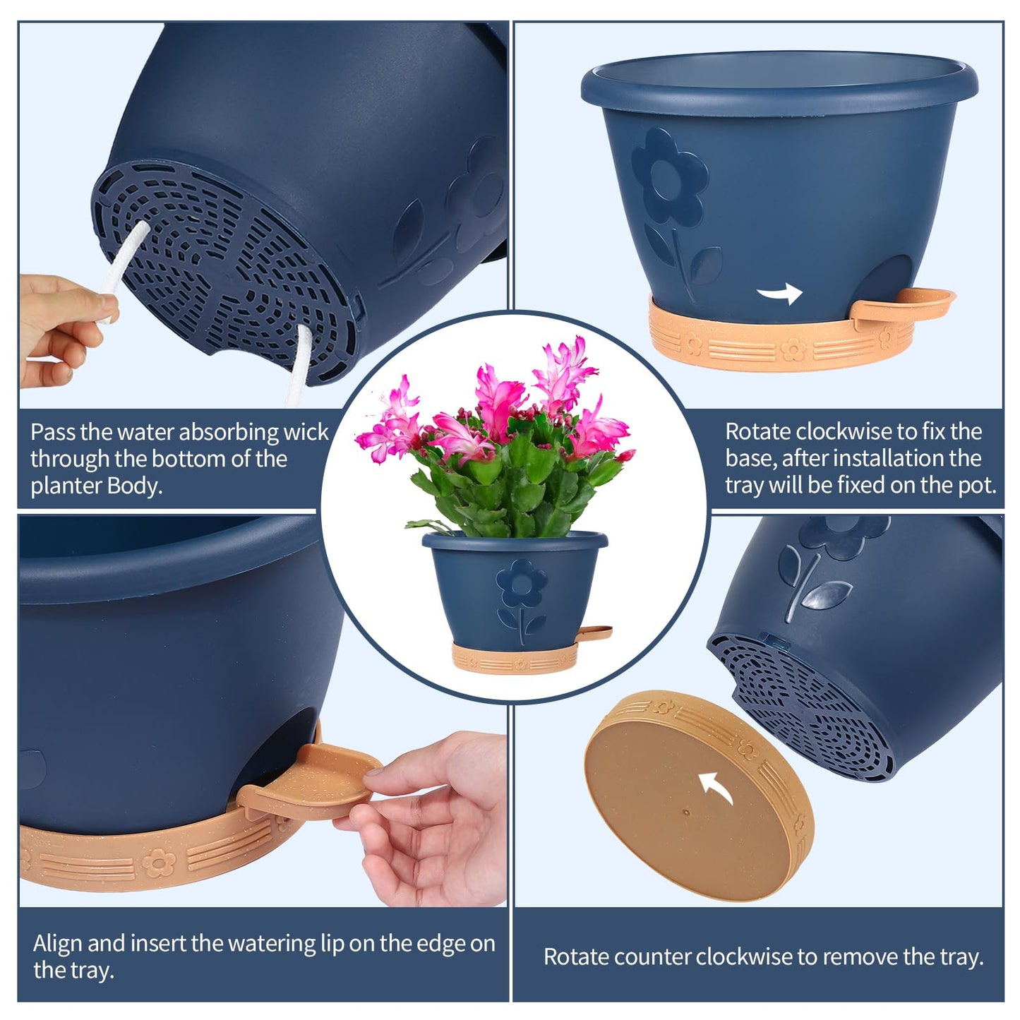 gegemaoyi Plastic Plant Pots 10 Inch Set of 4, Self Watering Pots with Drainage Holes, Saucer & Reservoir, Flower Pots for Indoor/Outdoor Plants, Decorative Nursery Planting Pots (Blue)