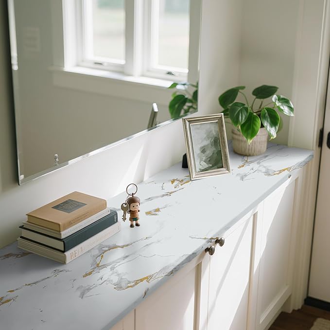 practicalWs Glossy Marble Wallpaper Peel and Stick White/Gold Granite Contact