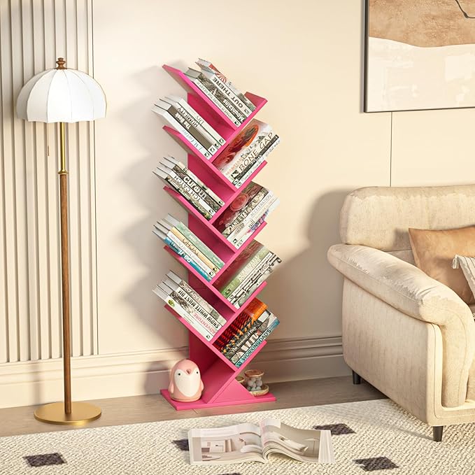SHEEPAM 10 Tier Tree Book Shelf, Floor Standing Wood Bookshelf