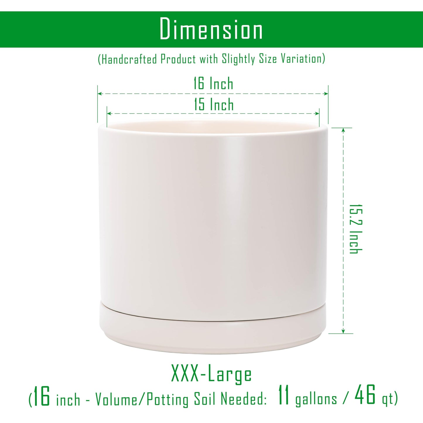 D'vine Dev 16 Inch Ceramic Planter Pot with Drainage Hole and Saucer, Indoor Cylinder Round Planter Pot, Oatmeal, 94-O-H-8