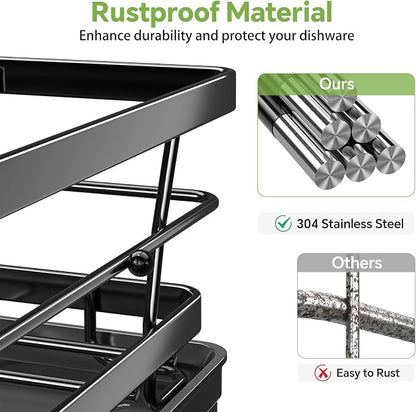Ekisemio Dish Drying Rack with Cutlery Holder & Drip Tray, Black 12"x15.7" | Ekisemio Dish Drying Rack | Cutlery Holder & Drip Tray | Space Saving | Fast Drainage | Tool-Free | Anti-Slip Feet