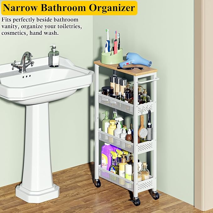OKZEST Utility Slim Storage Cart, 4 Tier Small Rolling Kitchen Laundry Room Cart