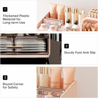UFORU Makeup Organizer for Vanity with Brush Holder, Large Capacity Bathroom Countertop Skincare Organizer with 2 Drawers, Cosmetic Display Case for Perfumes, Eyeshadow Palettes, Nail Polishes