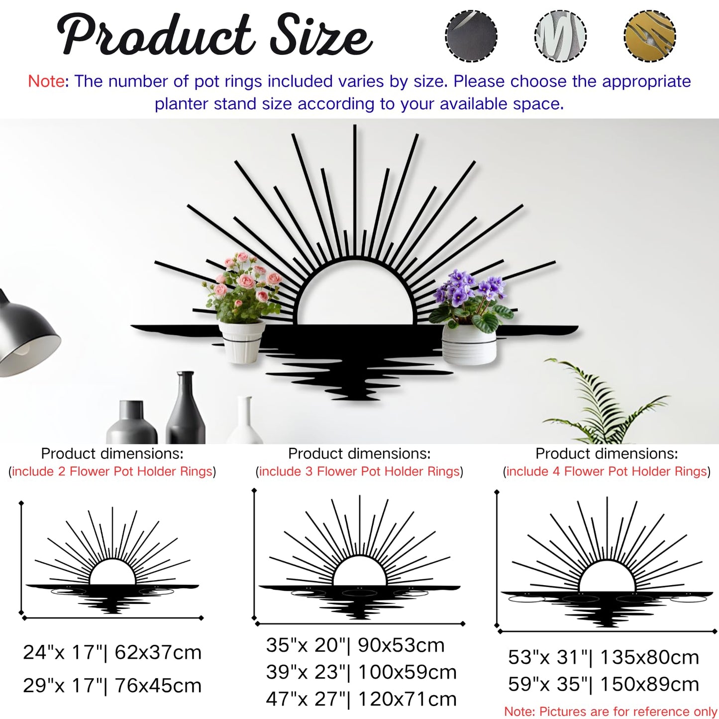 Glethua Sunrise Metal Wall Mount Plant Holder, Sun Wall Plant Holder, Sunshine Metal Hanging Planter for Living Room, Kitchen, Bathroom (Gold, 59"x 35"| 150x89cm, 4 Pack 4" Flower Pot Holder Ring)