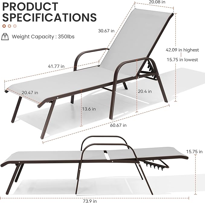 Crestlive Products Outdoor Chaise Lounge Chair, 5-Position Pool Lounge Chairs