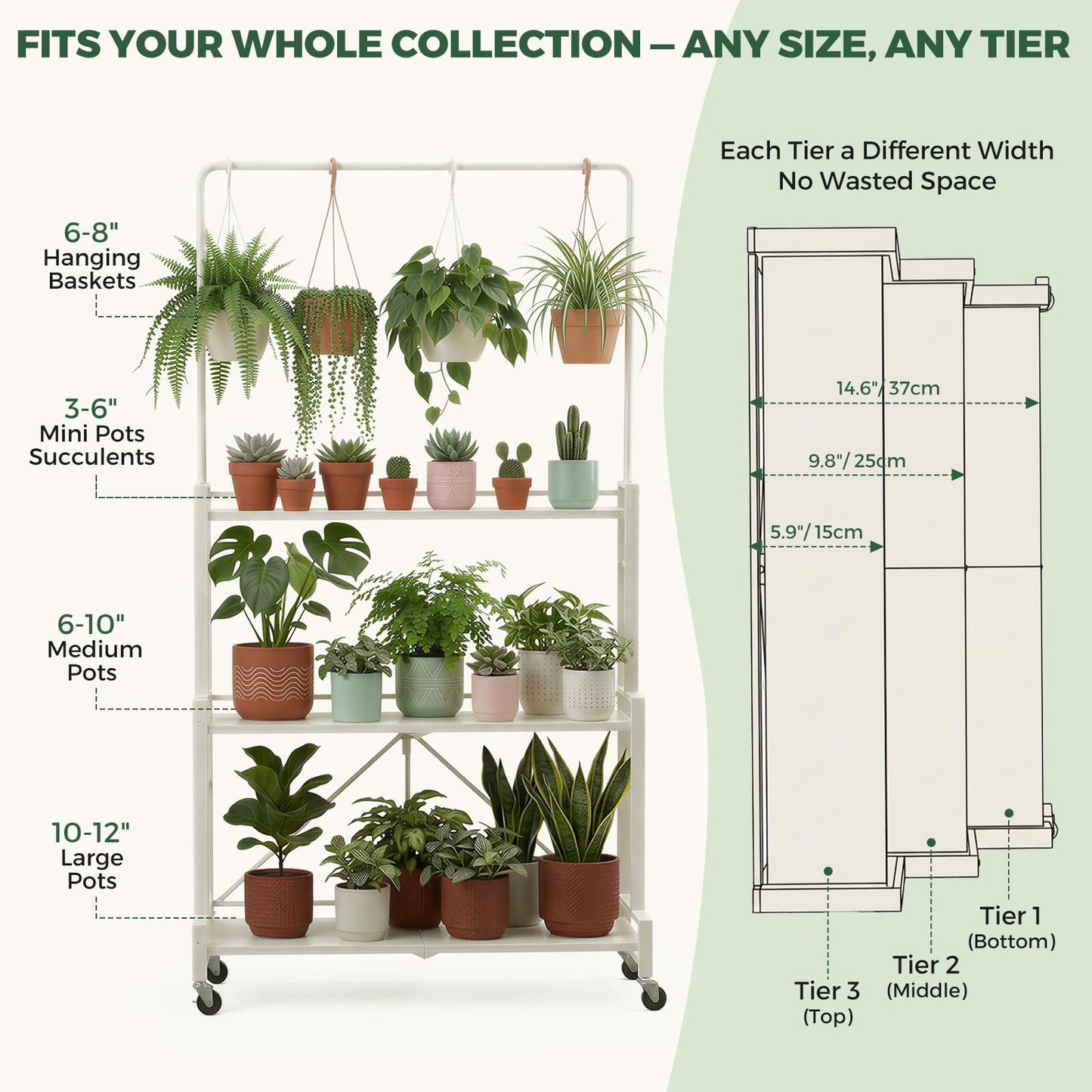 Plant Stand, 4-Tier Foldable Plant Shelf with 3 Shelves and Hanging Rod, Rolling Plant Stand with Wheels, No Assembly Flower Pot Stand for Indoor Outdoor, Sturdy Anti-Tip Plant Rack (Cream White)