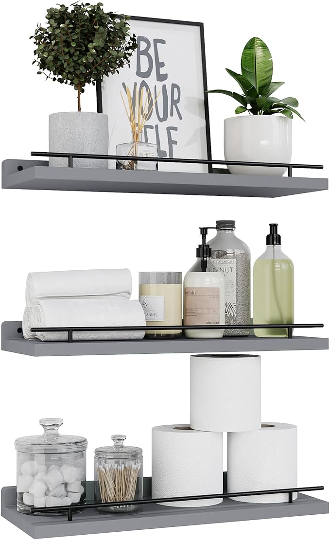 WOPITUES Floating Shelves with Black Metal Guardrail, Shelves