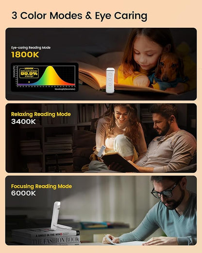 Glocusent USB Rechargeable Book Light for Reading in Bed, Portable Clip-on LED Reading Light, 3 Amber Colors & 5 Brightness Dimmable, Compact & Long Lasting, Perfect for Book Lovers (White-Pro Max)
