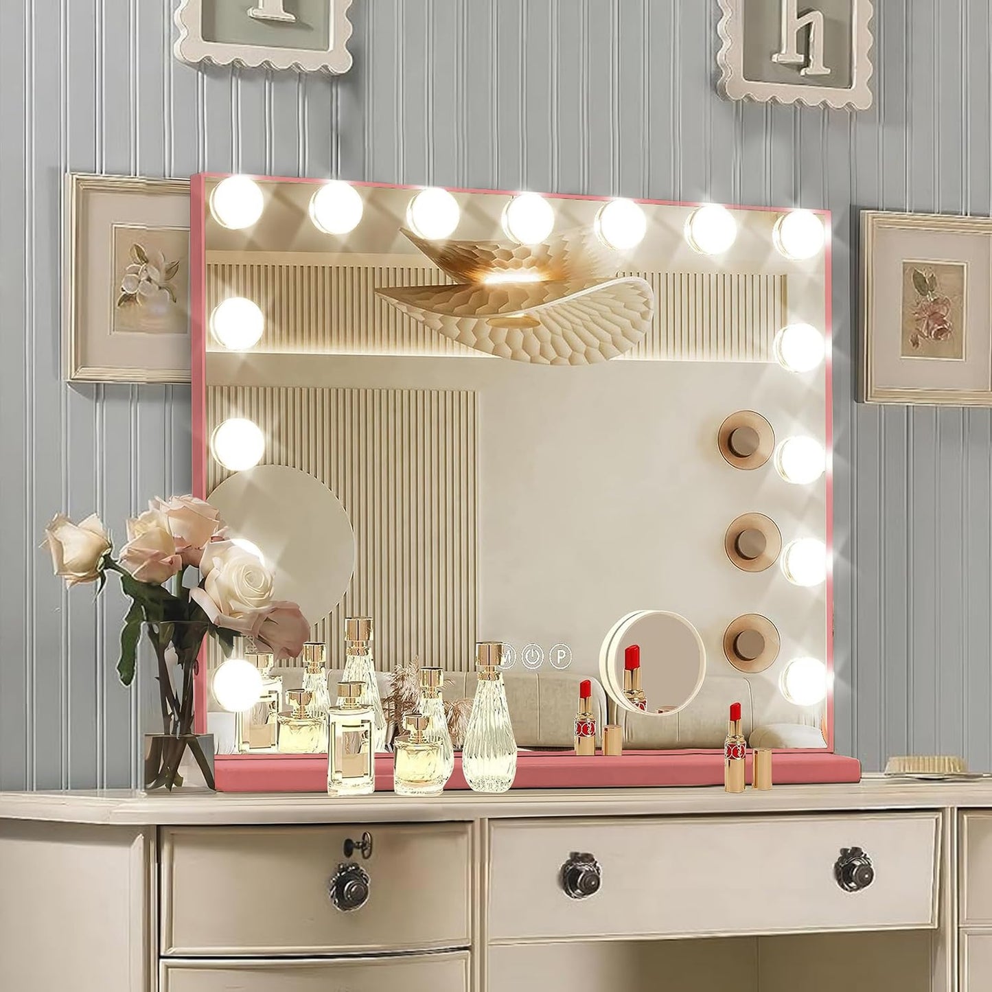 Hollywood Vanity Mirror with Lights, 15 Dimmable Bulbs, 3 Color Lights,Make Up Lighted Mirror, Aluminum Metal Frame, USB Charging Port（23" x 18"）