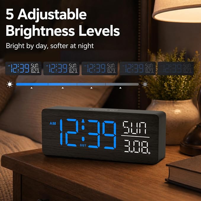 Peakeep Wooden Digital Alarm Clock Large Display, Textured Decoration for Bedroom, Living Room, Plug in Clock with Time Date Day, 5 Brightness, Auto DST