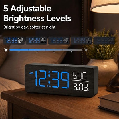 Peakeep Wooden Digital Alarm Clock Large Display, Textured Decoration for Bedroom, Living Room, Plug in Clock with Time Date Day, 5 Brightness, Auto DST
